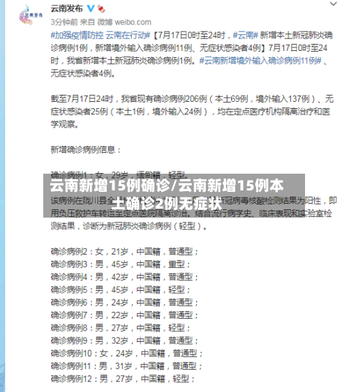云南新增15例确诊/云南新增15例本土确诊2例无症状